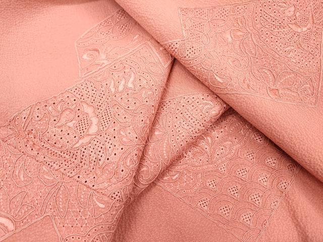 平和屋着物▼中国三大刺繍 スワトウ刺繍 汕頭刺繍 総刺繍 無地絵羽訪問着 吉祥花鳥文 甚三紅色 正絹 逸品 DABF2474fe
