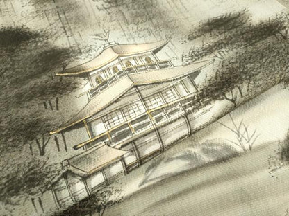 平和屋着物▼訪問着 作家物 手描き 金閣寺 暈し染 金彩 正絹 逸品 DABF2511fe