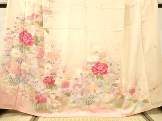 平和屋着物▼訪問着　作家物　手描き　草花　暈し染　金彩　正絹　逸品　DABF2514fe