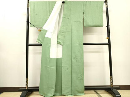 平和屋着物▼中国三大刺繍　スワトウ刺繍　汕頭刺繍　総刺繍　色留袖　松皮菱花文　山葵色　正絹　逸品　DABF2520fe
