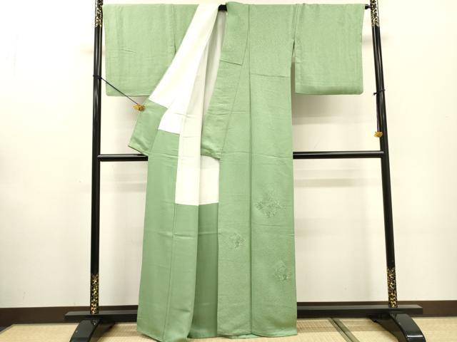 平和屋着物▼中国三大刺繍　スワトウ刺繍　汕頭刺繍　総刺繍　色留袖　松皮菱花文　山葵色　正絹　逸品　DABF2520fe