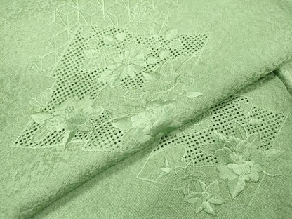 平和屋着物▼中国三大刺繍　スワトウ刺繍　汕頭刺繍　総刺繍　色留袖　松皮菱花文　山葵色　正絹　逸品　DABF2520fe