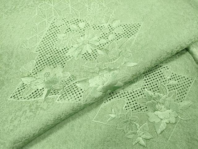 平和屋着物▼中国三大刺繍　スワトウ刺繍　汕頭刺繍　総刺繍　色留袖　松皮菱花文　山葵色　正絹　逸品　DABF2520fe