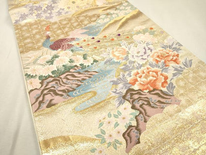 平和屋着物▼六通柄袋帯　唐織　日本屏風絵　山水四季花鳥図　伝雪舟　金糸　正絹　逸品　DABF2521fe