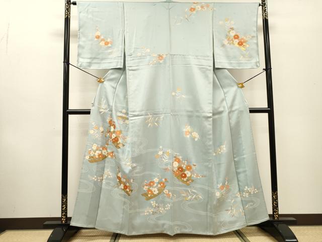 平和屋着物▽訪問着　単衣　刺繍　渡り舟　草花　金彩　正絹　逸品　DABF2527fe