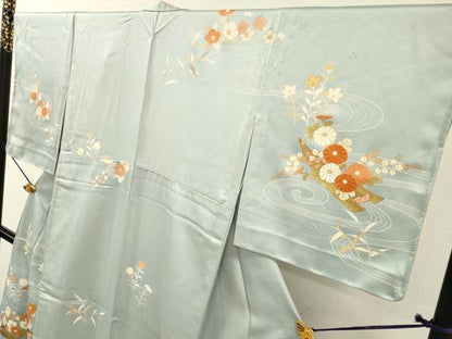 平和屋着物▽訪問着　単衣　刺繍　渡り舟　草花　金彩　正絹　逸品　DABF2527fe