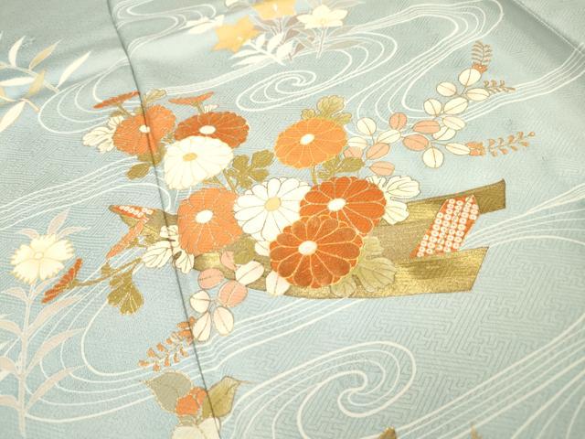 平和屋着物▽訪問着　単衣　刺繍　渡り舟　草花　金彩　正絹　逸品　DABF2527fe