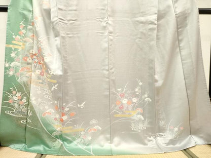 平和屋着物▽訪問着　単衣　刺繍　扇面飛鶴花松文　暈し染　金銀彩　ロング丈　正絹　逸品　未使用　DABF2529fe