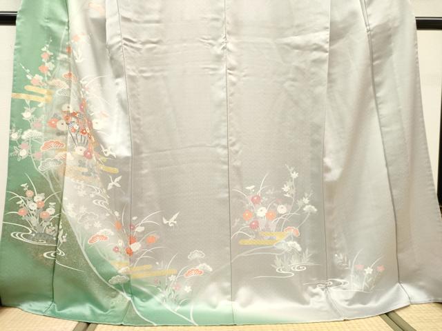 平和屋着物▽訪問着　単衣　刺繍　扇面飛鶴花松文　暈し染　金銀彩　ロング丈　正絹　逸品　未使用　DABF2529fe