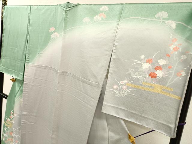 平和屋着物▽訪問着　単衣　刺繍　扇面飛鶴花松文　暈し染　金銀彩　ロング丈　正絹　逸品　未使用　DABF2529fe