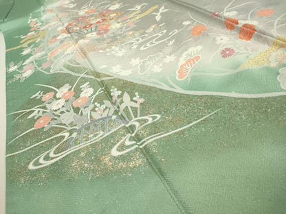 平和屋着物▽訪問着　単衣　刺繍　扇面飛鶴花松文　暈し染　金銀彩　ロング丈　正絹　逸品　未使用　DABF2529fe