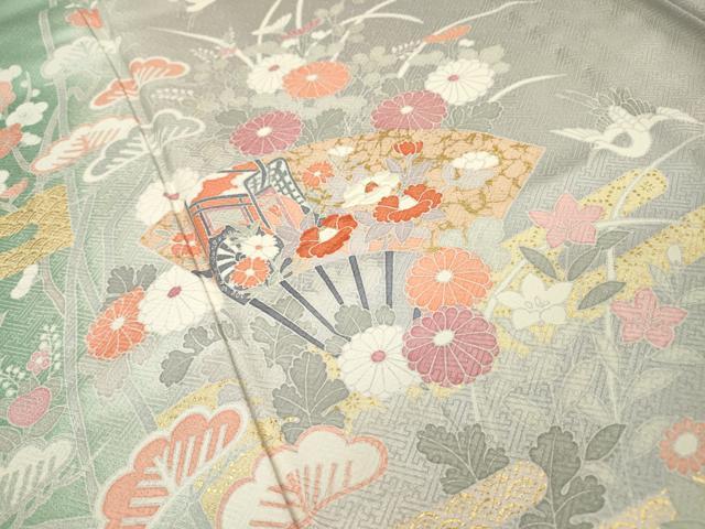 平和屋着物▽訪問着　単衣　刺繍　扇面飛鶴花松文　暈し染　金銀彩　ロング丈　正絹　逸品　未使用　DABF2529fe