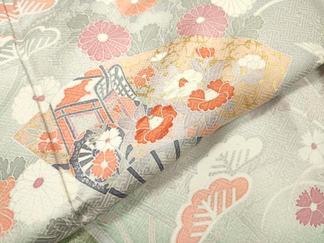 平和屋着物▽訪問着　単衣　刺繍　扇面飛鶴花松文　暈し染　金銀彩　ロング丈　正絹　逸品　未使用　DABF2529fe
