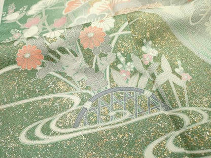 平和屋着物▽訪問着　単衣　刺繍　扇面飛鶴花松文　暈し染　金銀彩　ロング丈　正絹　逸品　未使用　DABF2529fe