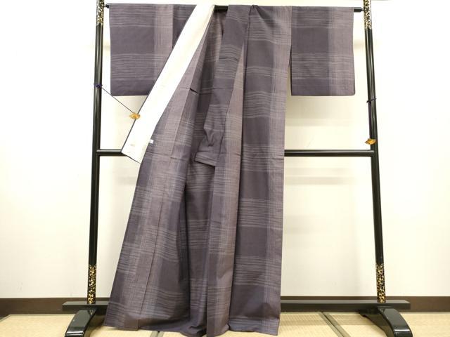 平和屋着物▽上質な紬　単衣　変わり格子　正絹　逸品　DABF2538fe