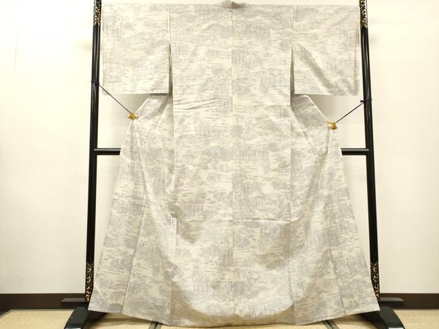 平和屋着物▽小千谷紬　単衣　100亀甲　風景花松文　正絹　逸品　DABF2546fe