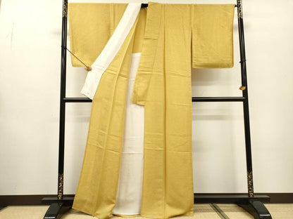 平和屋着物▽上質な色無地　単衣　霞地紋　芥子色　正絹　逸品　未使用　DABF2552fe