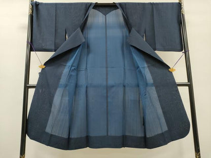平和屋着物▽道行コート　スリーシーズン　春夏秋　塵除け　縞　濃紺色　ロング丈　正絹　逸品　DABF2560fe