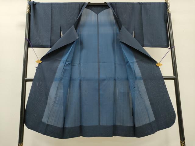 平和屋着物▽道行コート　スリーシーズン　春夏秋　塵除け　縞　濃紺色　ロング丈　正絹　逸品　DABF2560fe