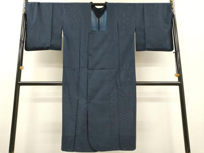 平和屋着物▽道行コート　スリーシーズン　春夏秋　塵除け　縞　濃紺色　ロング丈　正絹　逸品　DABF2560fe
