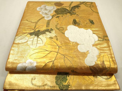 平和屋着物▼太鼓柄袋帯　駒刺繍　南天蔦の葉文　金銀彩　正絹　逸品　DABF2590fe