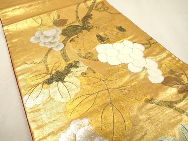 平和屋着物▼太鼓柄袋帯　駒刺繍　南天蔦の葉文　金銀彩　正絹　逸品　DABF2590fe