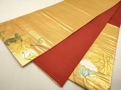 平和屋着物▼太鼓柄袋帯　駒刺繍　南天蔦の葉文　金銀彩　正絹　逸品　DABF2590fe
