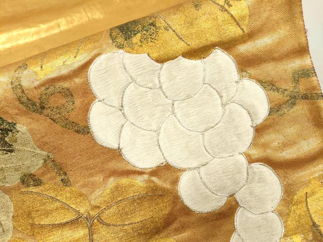 平和屋着物▼太鼓柄袋帯　駒刺繍　南天蔦の葉文　金銀彩　正絹　逸品　DABF2590fe