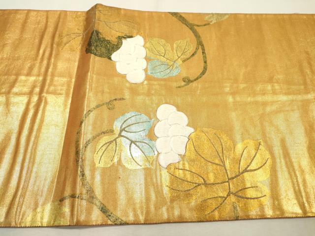 平和屋着物▼太鼓柄袋帯　駒刺繍　南天蔦の葉文　金銀彩　正絹　逸品　DABF2590fe