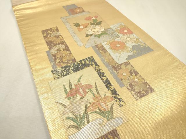 平和屋着物▼太鼓柄袋帯　螺鈿箔　短冊花文　金銀彩　引箔　正絹　逸品　DABF2604fe
