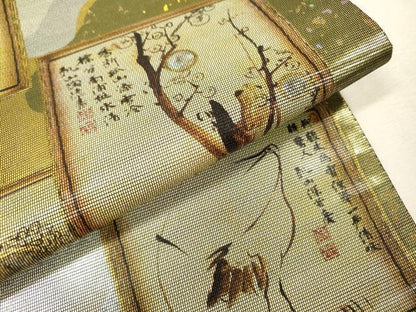 平和屋着物▼太鼓柄袋帯　螺鈿箔　色紙花文　金銀彩　引箔　正絹　逸品　未使用　DABF2605fe