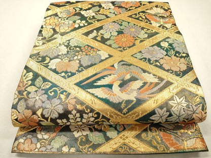 平和屋着物▼佐賀錦 六通柄袋帯 舞蝶花鳥菱文 金糸 引箔 正絹 逸品 DABF2609fe