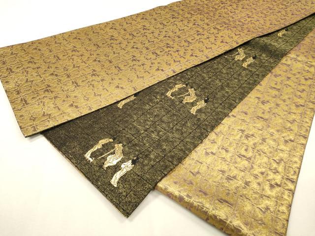 平和屋着物▼両面　全通柄袋帯　市松　金糸　やまと誂製　正絹　逸品　DABF2645fe