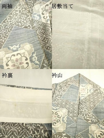 平和屋着物▽小千谷紬　単衣　切嵌正倉院花文　正絹　逸品　DABF2662fe