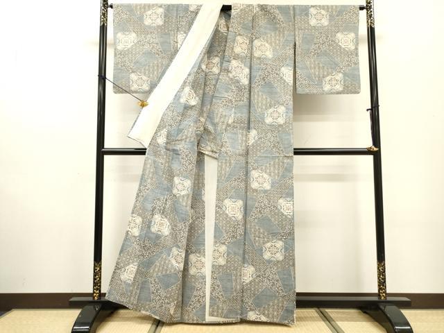 平和屋着物▽小千谷紬　単衣　切嵌正倉院花文　正絹　逸品　DABF2662fe