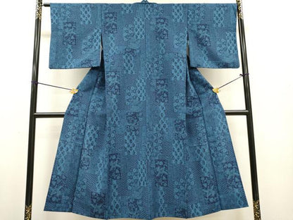 平和屋着物▽小紋　単衣　藍　型染　短冊吉祥鳳凰花文　洗える着物　DABF2664fe