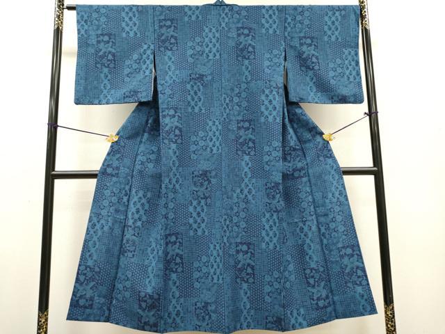 平和屋着物▽小紋　単衣　藍　型染　短冊吉祥鳳凰花文　洗える着物　DABF2664fe