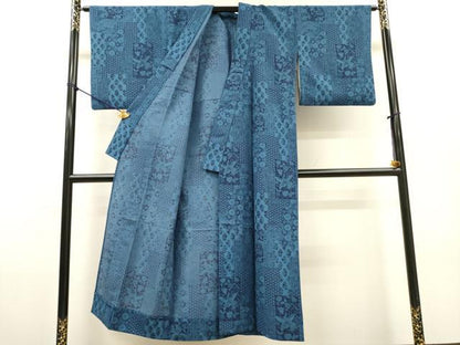 平和屋着物▽小紋　単衣　藍　型染　短冊吉祥鳳凰花文　洗える着物　DABF2664fe