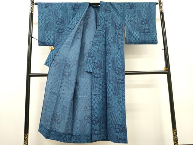 平和屋着物▽小紋　単衣　藍　型染　短冊吉祥鳳凰花文　洗える着物　DABF2664fe