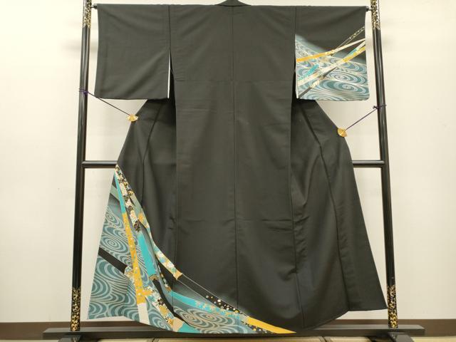 平和屋着物▽訪問着　単衣　流水花文　暈し染　黒地　銀彩　洗える着物　DABF2665fe