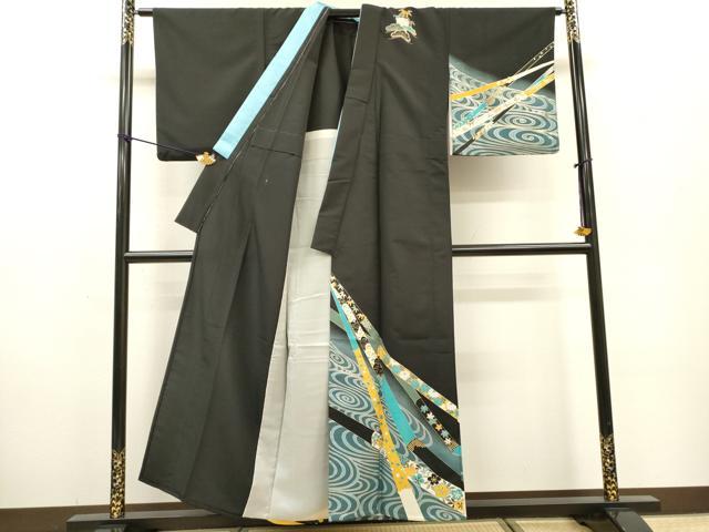 平和屋着物▽訪問着　単衣　流水花文　暈し染　黒地　銀彩　洗える着物　DABF2665fe