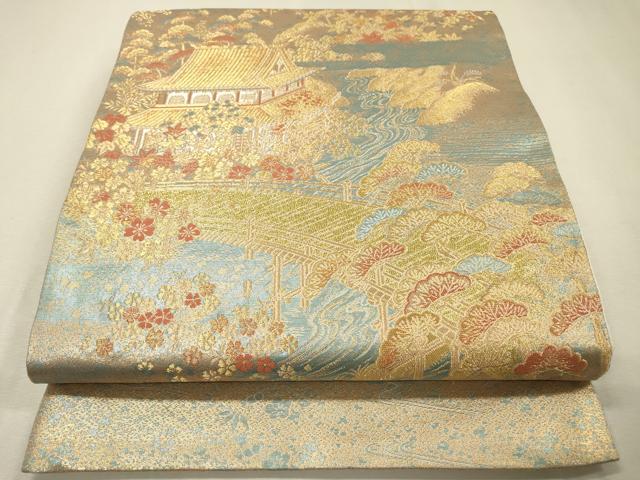 平和屋着物▼六通柄袋帯　渡り橋風景花松文　金銀糸　正絹　逸品　DABF2708fe