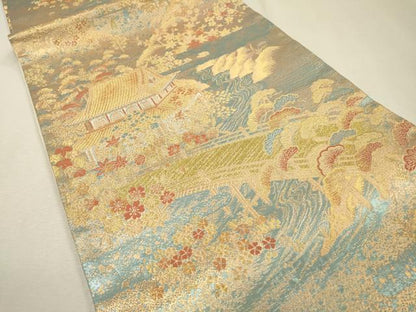 平和屋着物▼六通柄袋帯　渡り橋風景花松文　金銀糸　正絹　逸品　DABF2708fe
