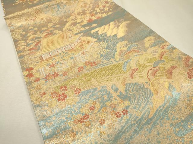 平和屋着物▼六通柄袋帯　渡り橋風景花松文　金銀糸　正絹　逸品　DABF2708fe