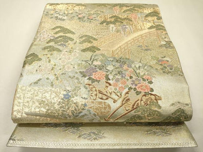 平和屋着物▼六通柄袋帯　唐織　渡り橋花車文　金銀糸　正絹　逸品　DABF2709fe
