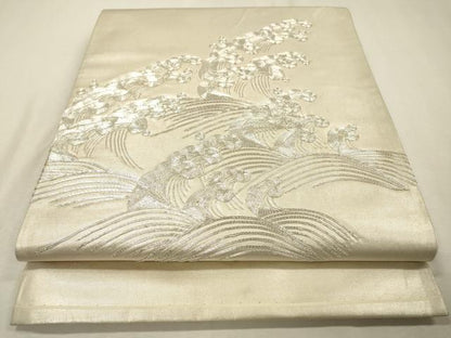 平和屋着物▼太鼓柄袋帯　駒刺繍　総刺繍　立波文　銀糸　正絹　逸品　DABF2710fe