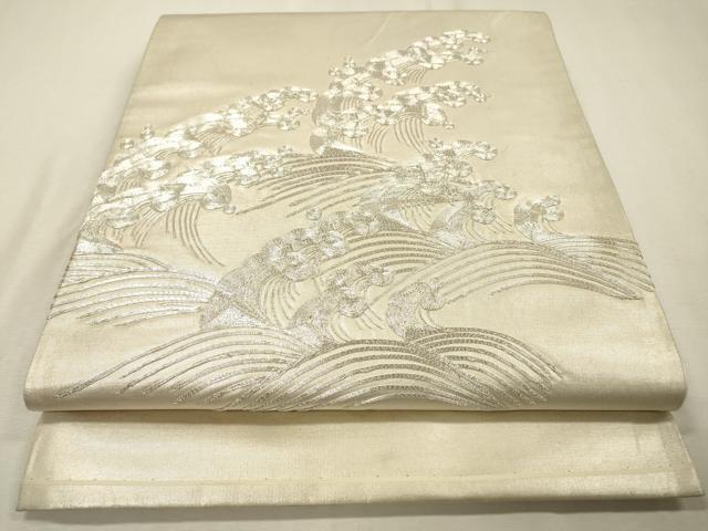 平和屋着物▼太鼓柄袋帯　駒刺繍　総刺繍　立波文　銀糸　正絹　逸品　DABF2710fe
