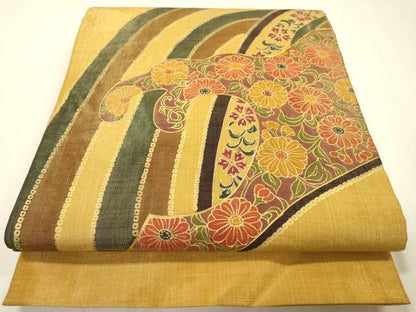 平和屋着物▼太鼓柄袋帯　紬地　駒刺繍　菊唐草文　金彩　金通し地　正絹　逸品　DABF2715fe