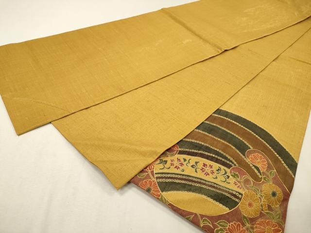 平和屋着物▼太鼓柄袋帯　紬地　駒刺繍　菊唐草文　金彩　金通し地　正絹　逸品　DABF2715fe