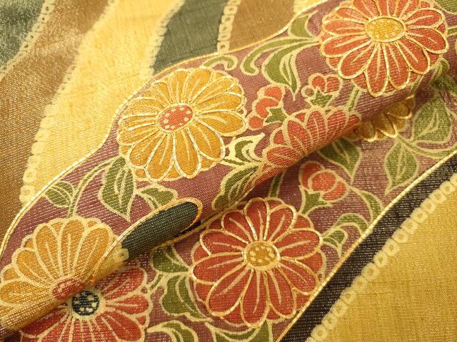 平和屋着物▼太鼓柄袋帯　紬地　駒刺繍　菊唐草文　金彩　金通し地　正絹　逸品　DABF2715fe
